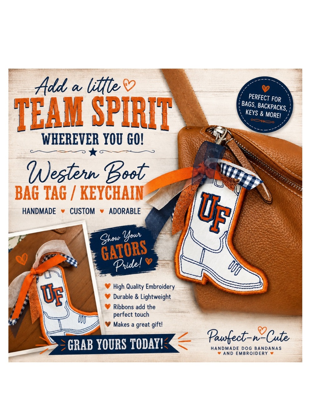 Spirit Orange and White Cowboy Boot Bag Charm with UF Logo- handmade